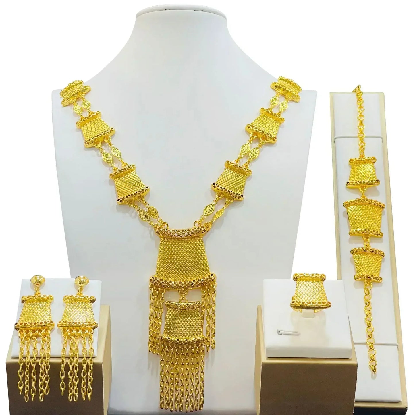 African India Long Chain Tassels Necklace Earrings Bracelet Ring Set