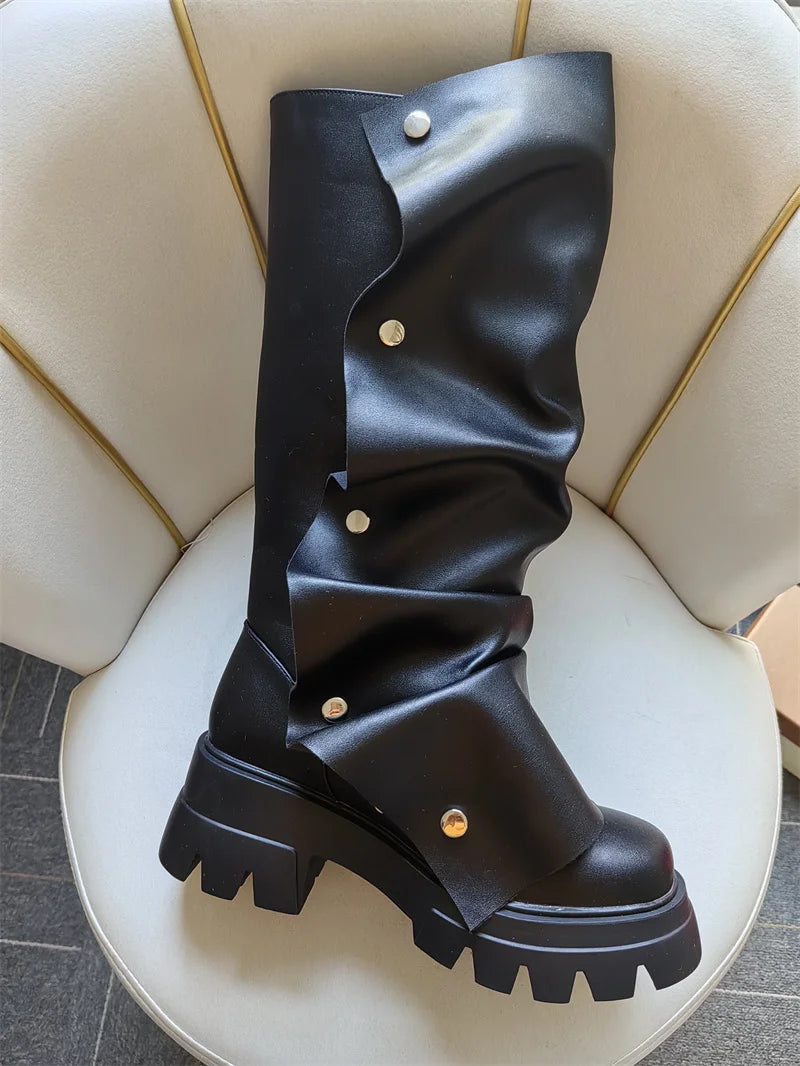 Plaftorm Red Fold Over Boots Block Heel Round Toe