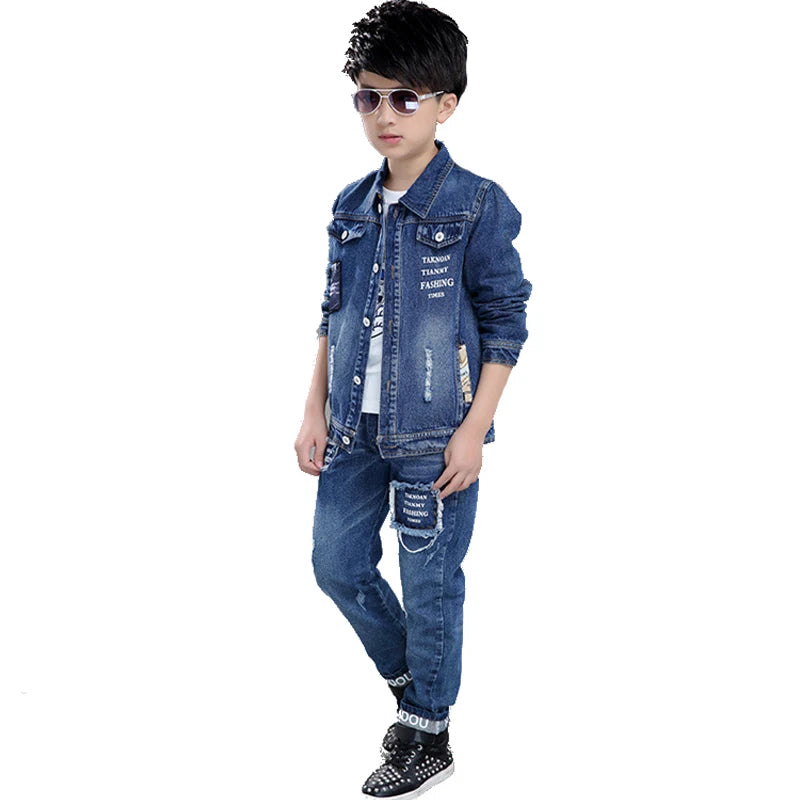 Teenage Boys Denim Clothes Set Jean Coat and Pants