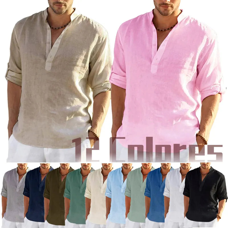 New Men's Linen Long Sleeve T-Shirt Solid Color