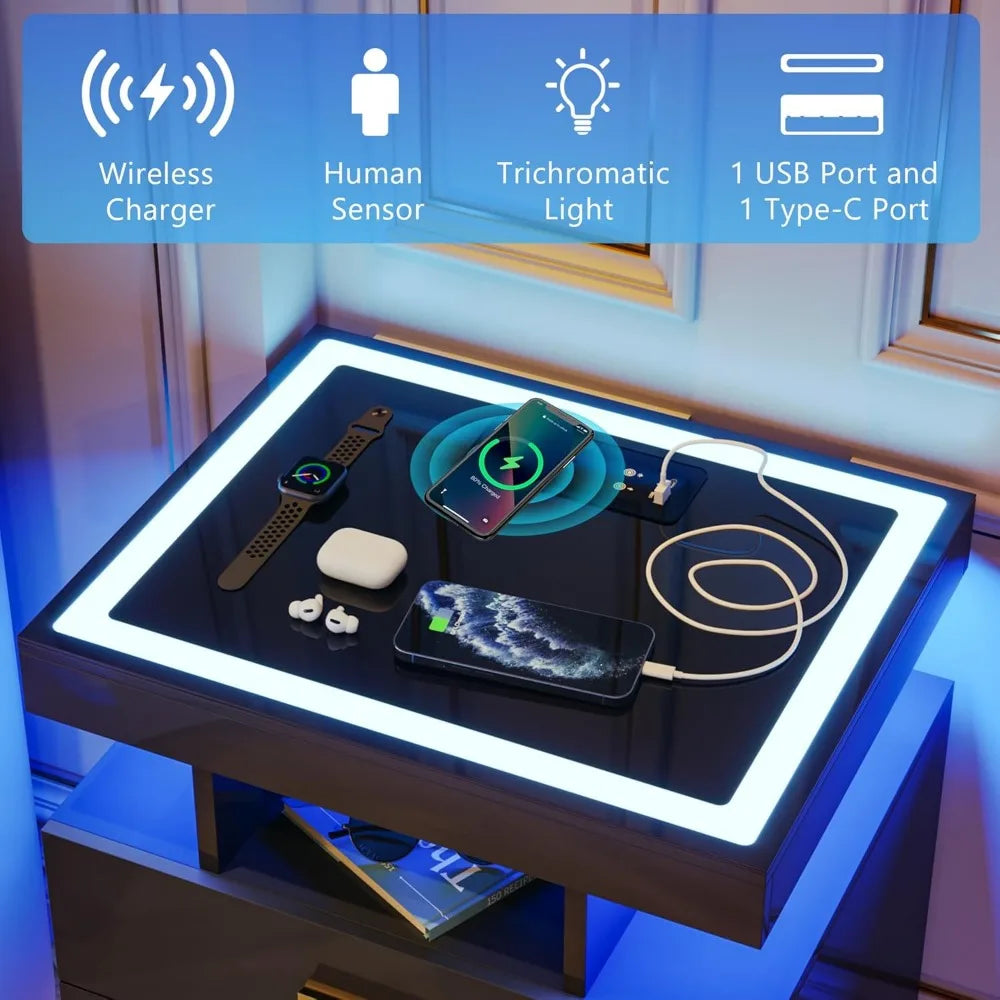 2 Set Nightstands with Wireless Charging Station, Auto Sensor 3 Color Dimmable LED