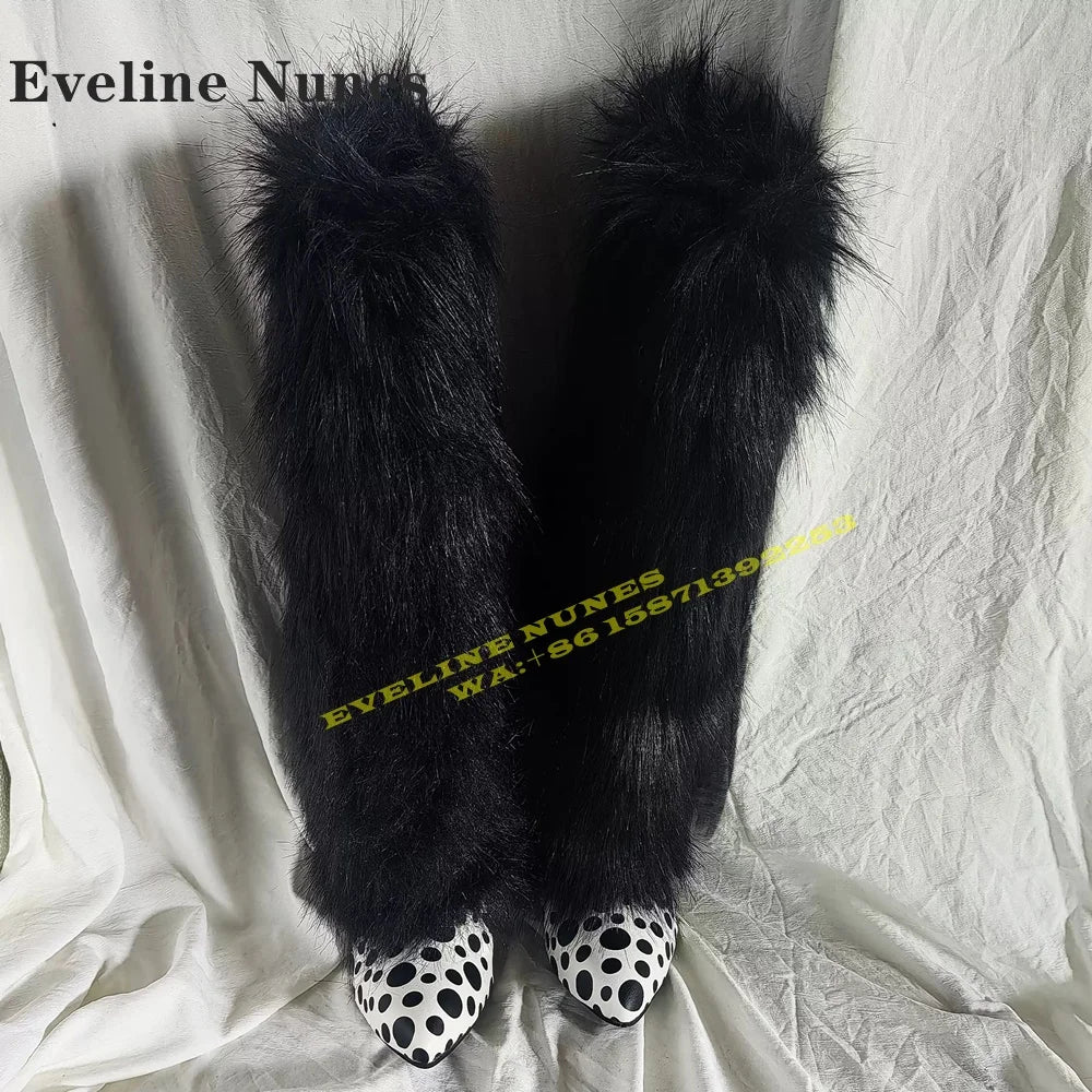 Fur Black Polka Dots Sexy Snow Boots Pointed Toe Thin Heels