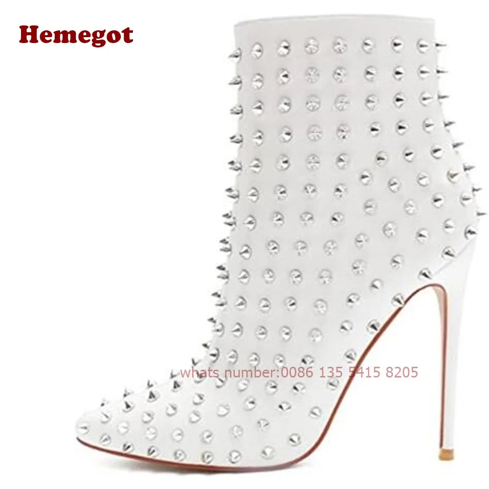 Black Rivet Pointy Ankle Boots Full-Studded Stiletto Heels