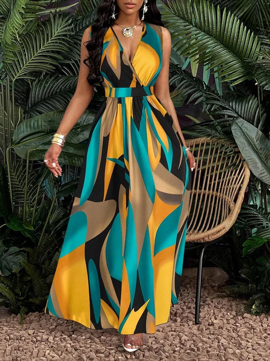 Sleeveless V-Neck Floor-Length Dress Abstract Print