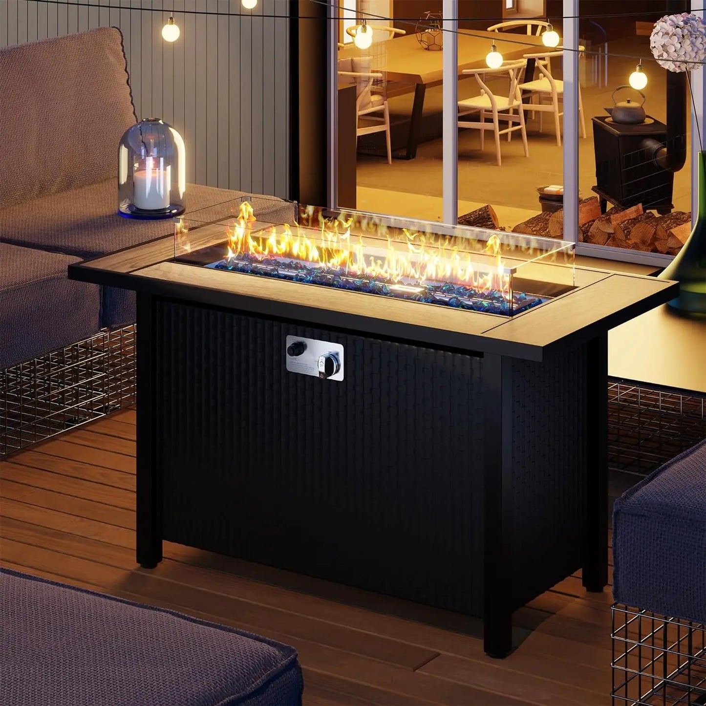 45 Inch Propane Fire Pit Table with Glass Window Protector