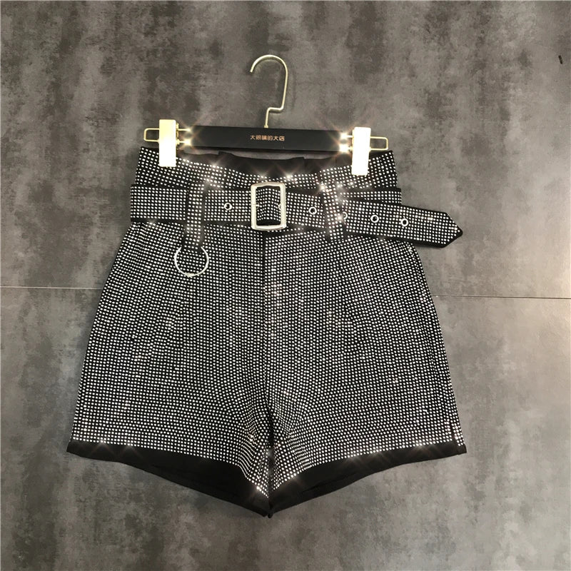 Black Rhinestone Belt Shorts