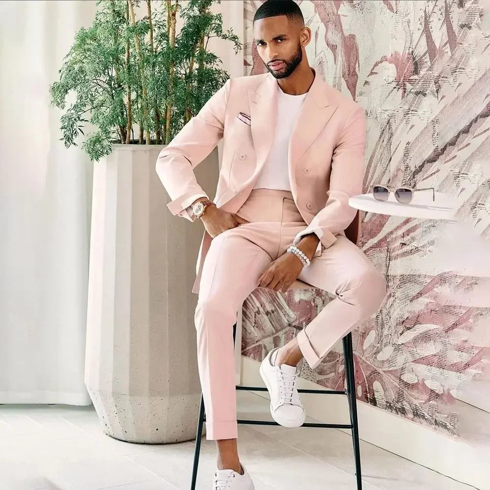 Gentleman High Quality Pink Men Suits 2 Piece Set