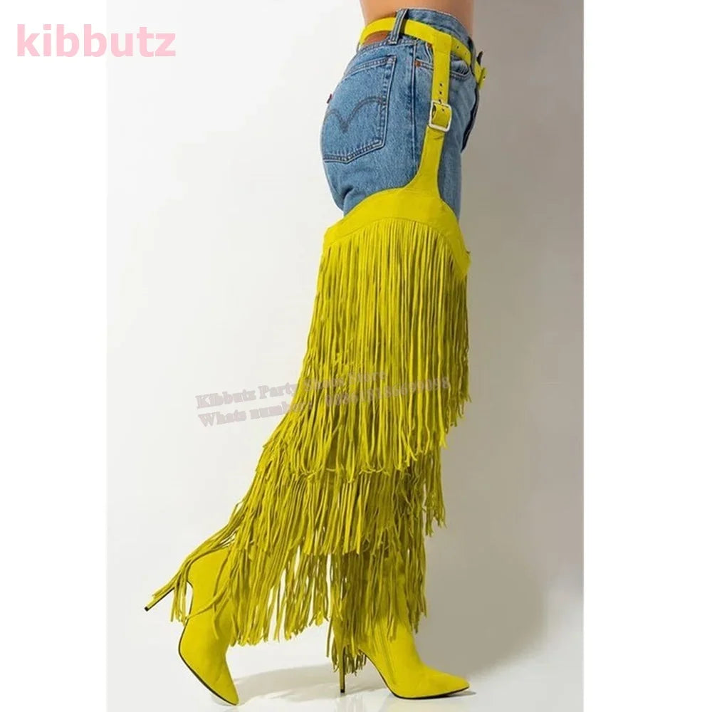 Over The Knee High Boots Tassel Fringe Belted Chaps