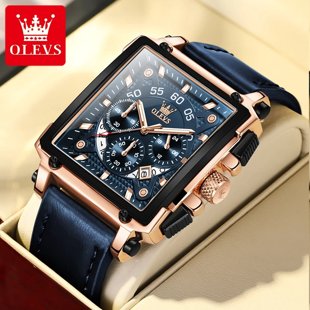 Chronograph Quartz Men's Watch Leather Strap 45MM