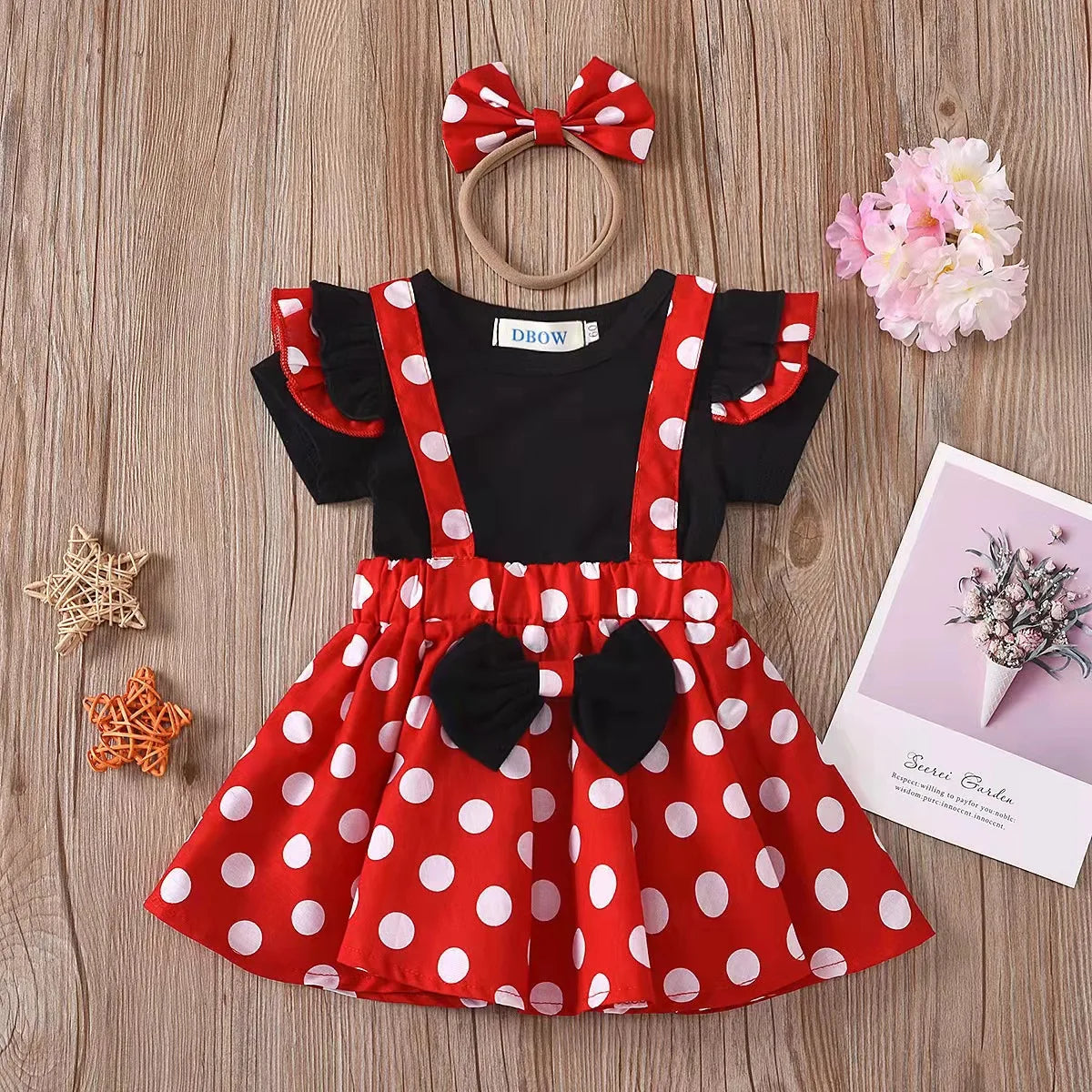 Minnie Mouse Polka Dot Sundress Bow Headband Skirt Set