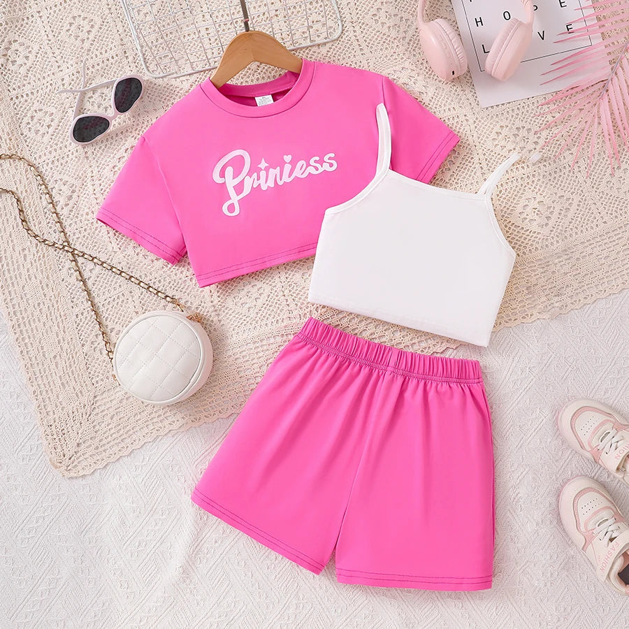 3-Piece Set Letter Print Top and Strappy Shorts