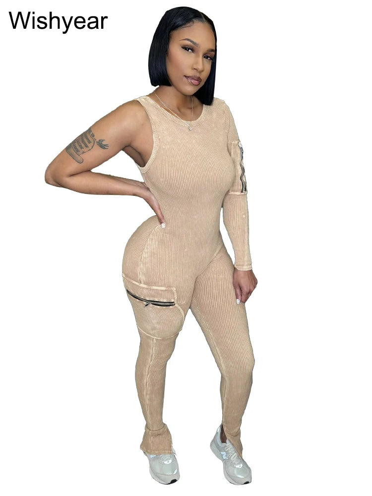 Pocket Single Shoulder Washed Ribbed Jumpsuit