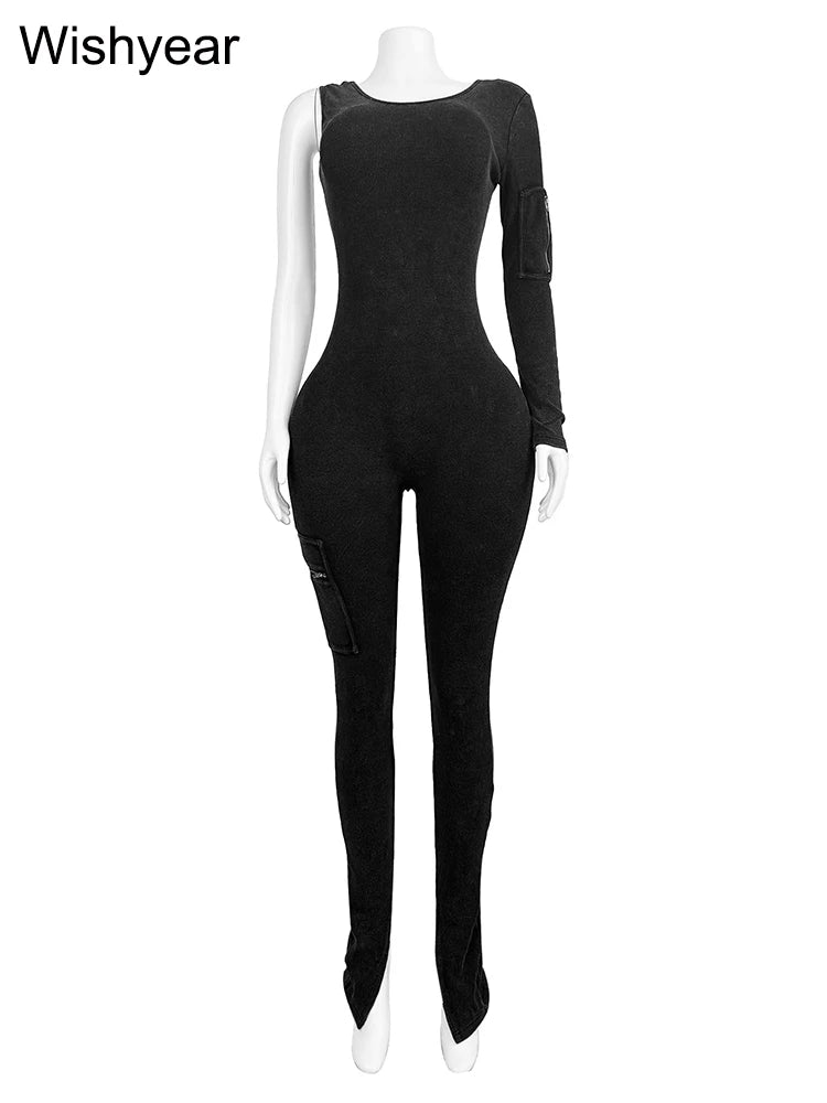 Pocket Single Shoulder Washed Ribbed Jumpsuit