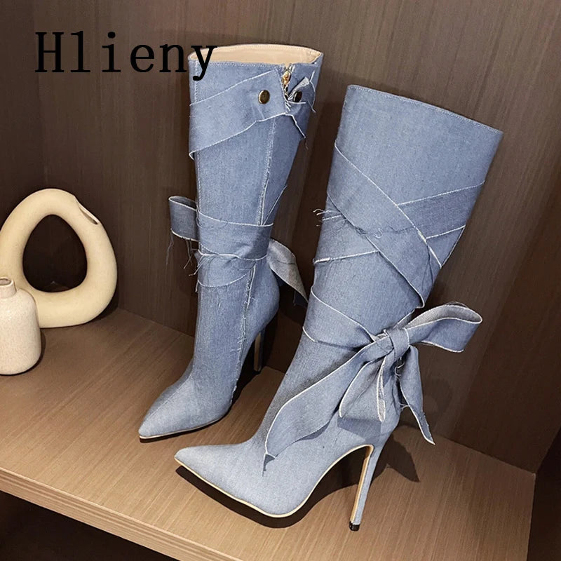 Blue Denim Women Knee High Boots