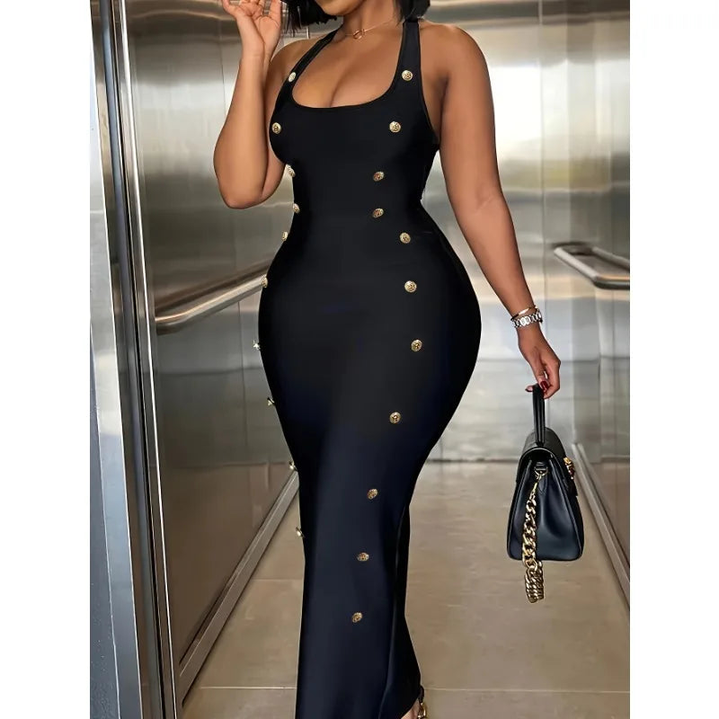 Elegant Solid Color Button Maxi Dress