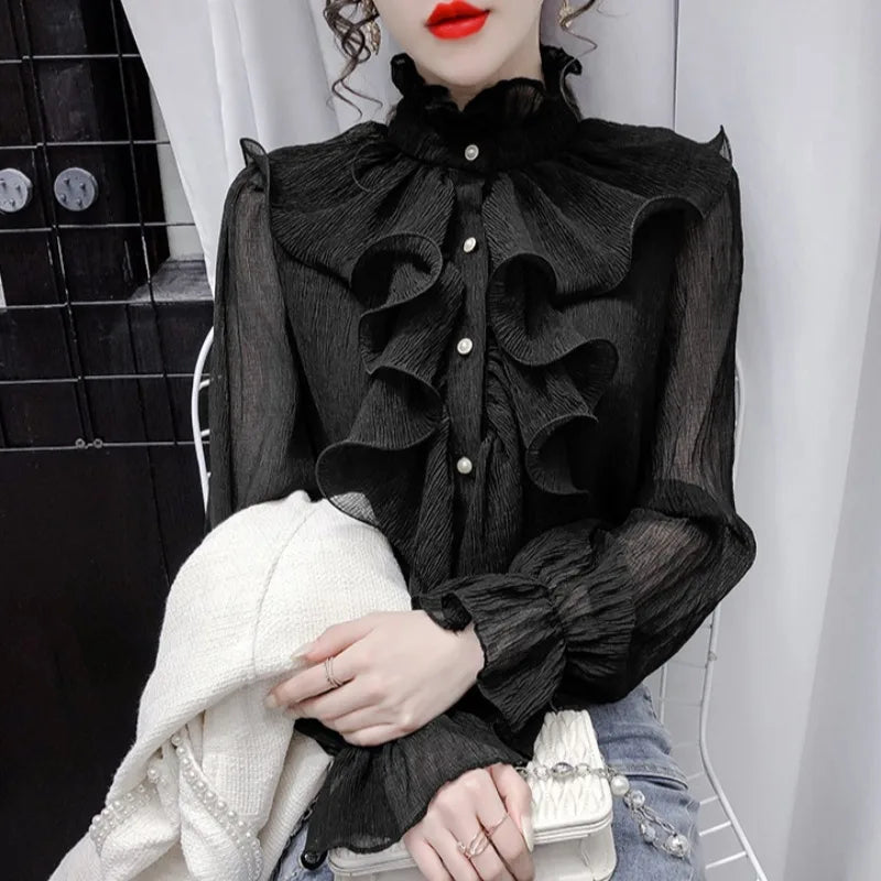 Stand Collar Ruffles Women Shirt
