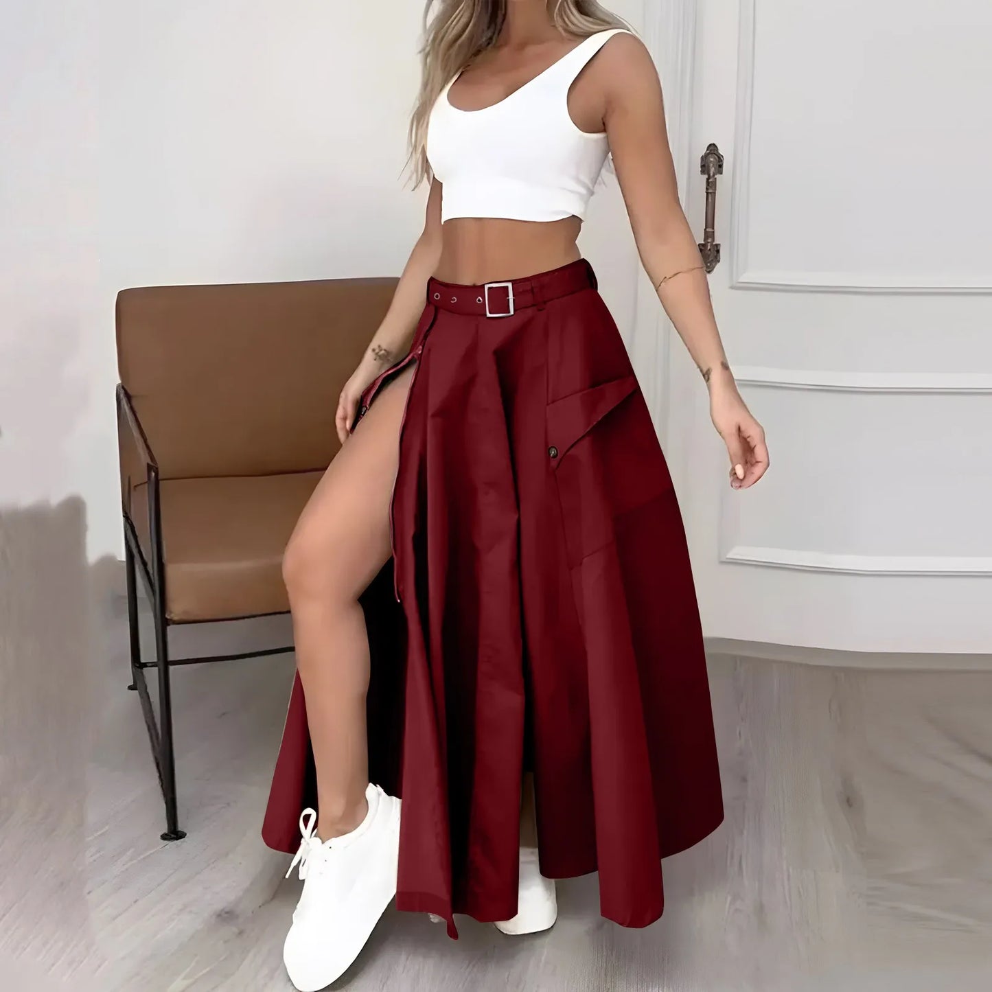Two Piece Sleeveless Crop Tank Side Split Skirt Set