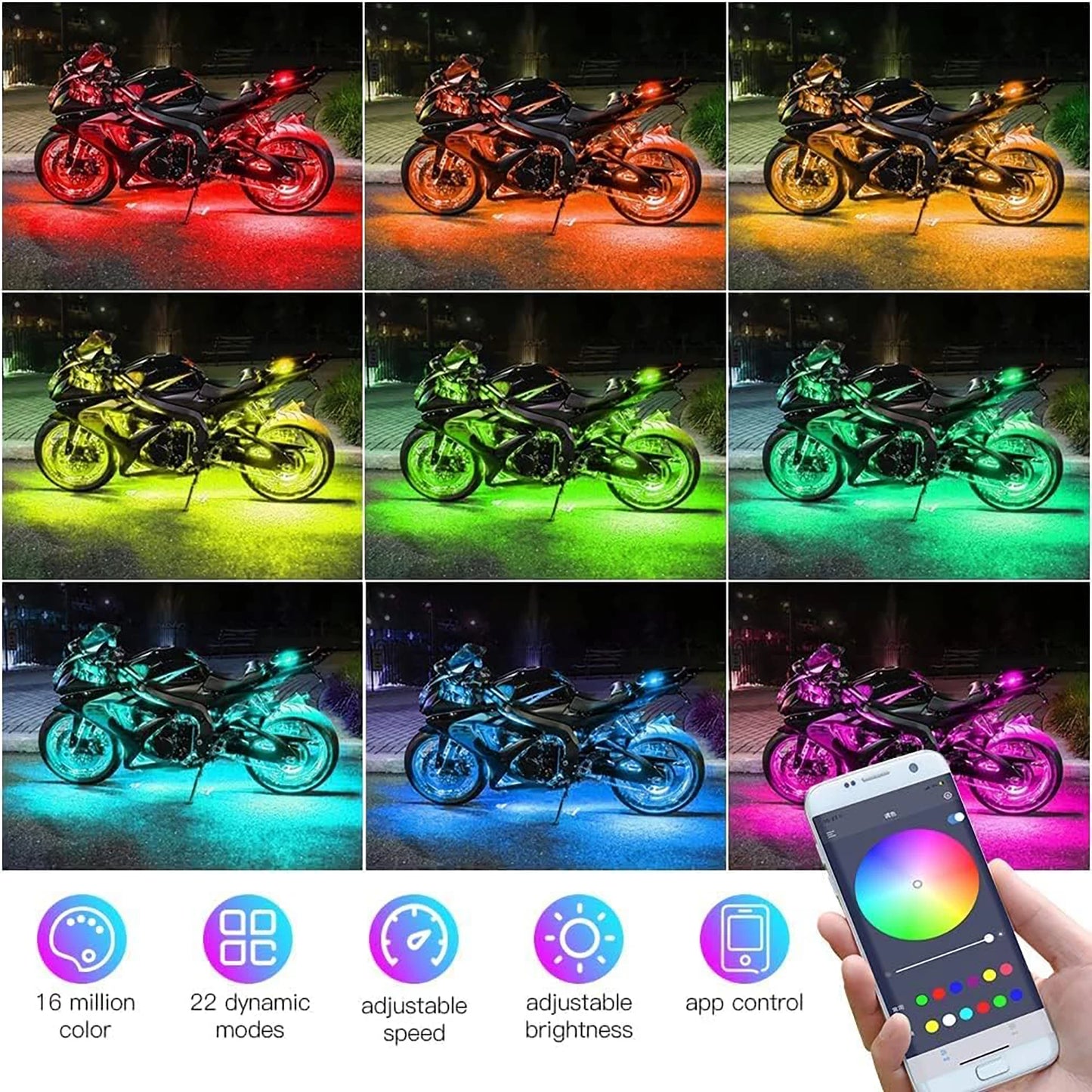 8/12pcs RGB Motorcycle LED Underglow Strip Light App Remote Multi-Color