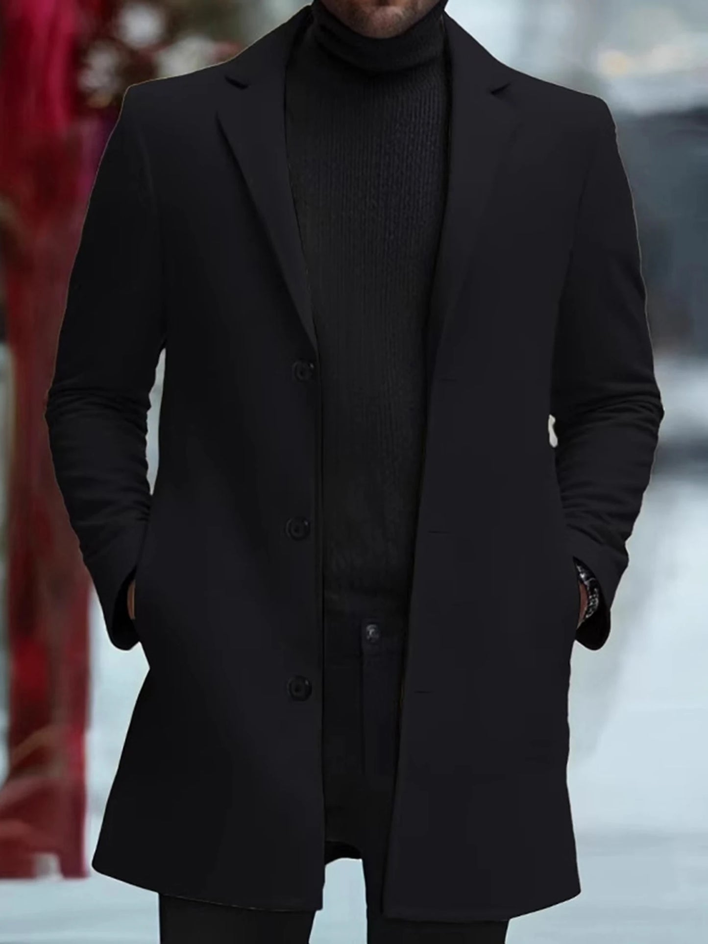 Wool Blend Pea Coat with Lapel Collar and Single Button Closure
