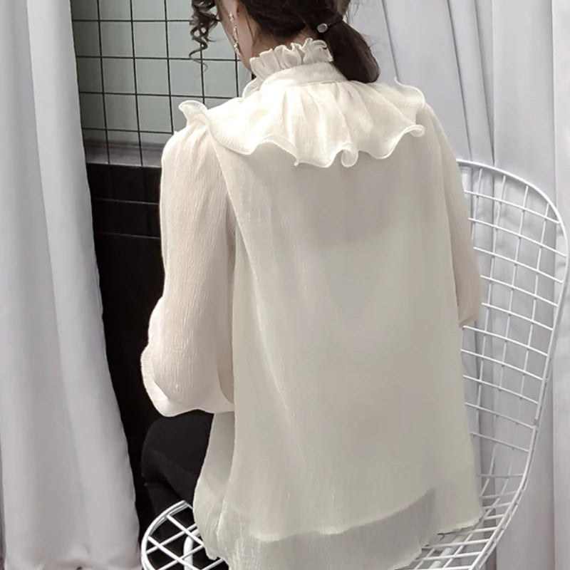 Stand Collar Ruffles Women Shirt