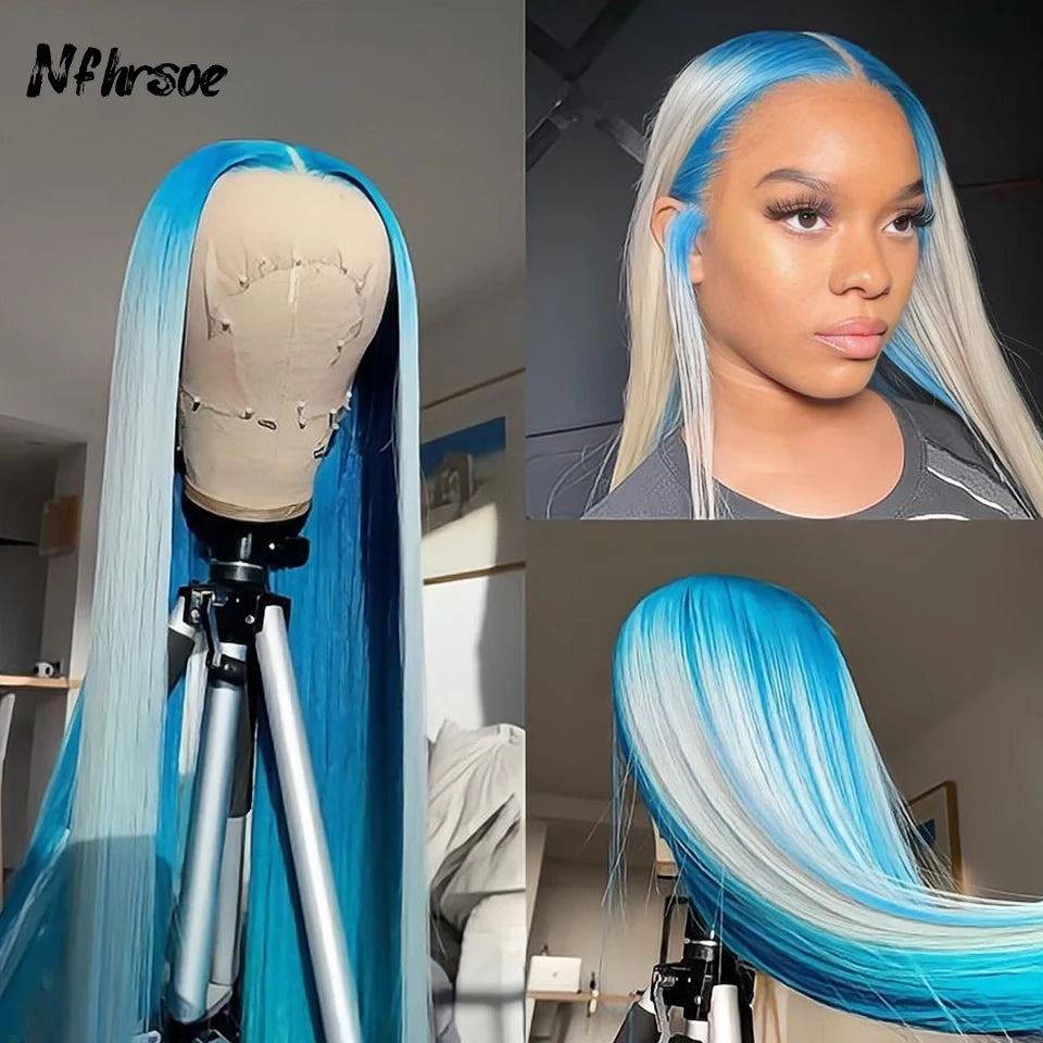 Highlight 13x4 Transparent Blue White Lace Front Human Hair Wig