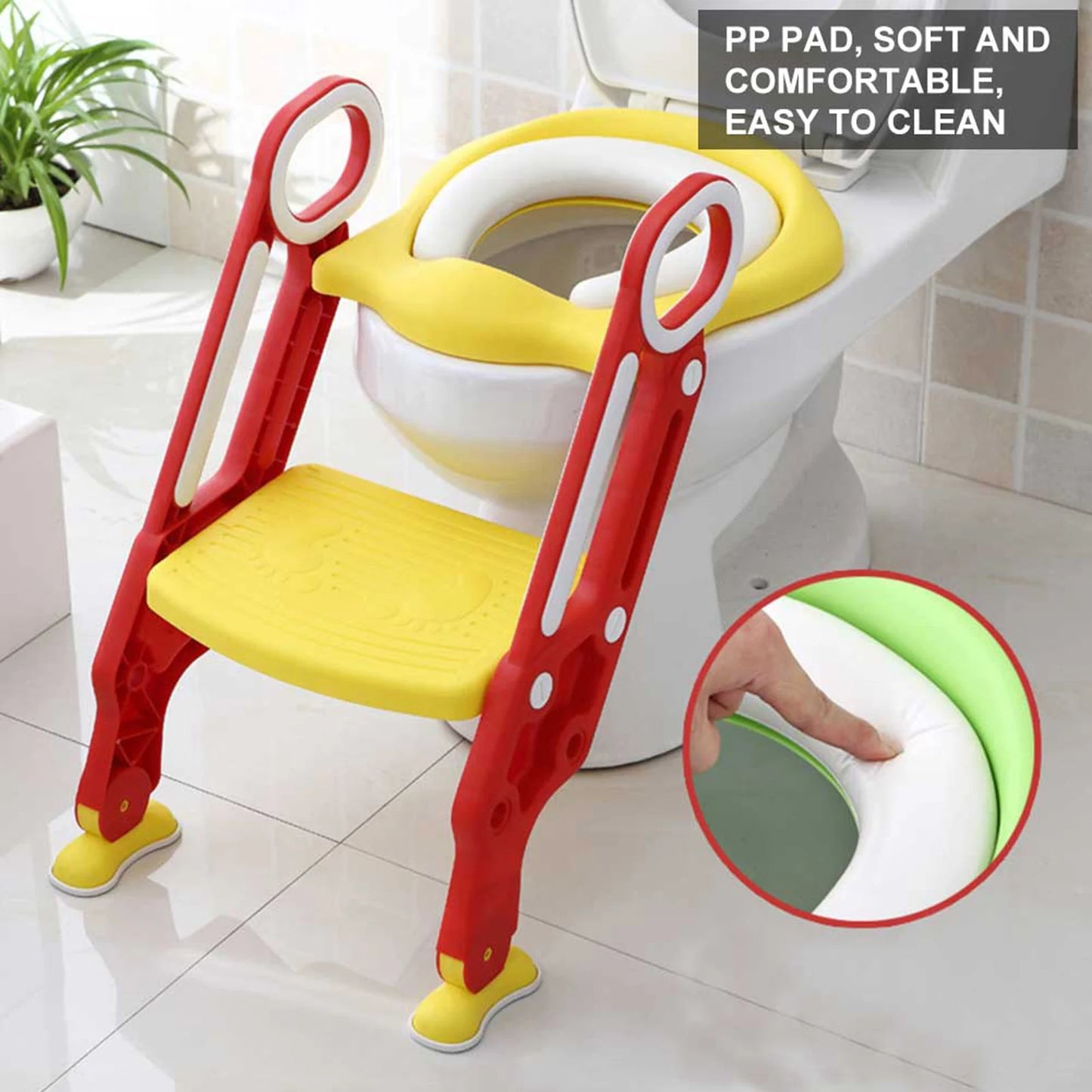 Toddler Soft Toilet Chair Ladder Adjustable Safety Potty Training Seat (Red Yellow)