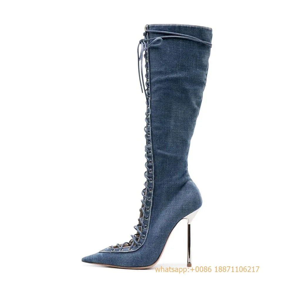 Fashion Ladies Zip Cross Lace Sexy Street Model Stiletto Boots