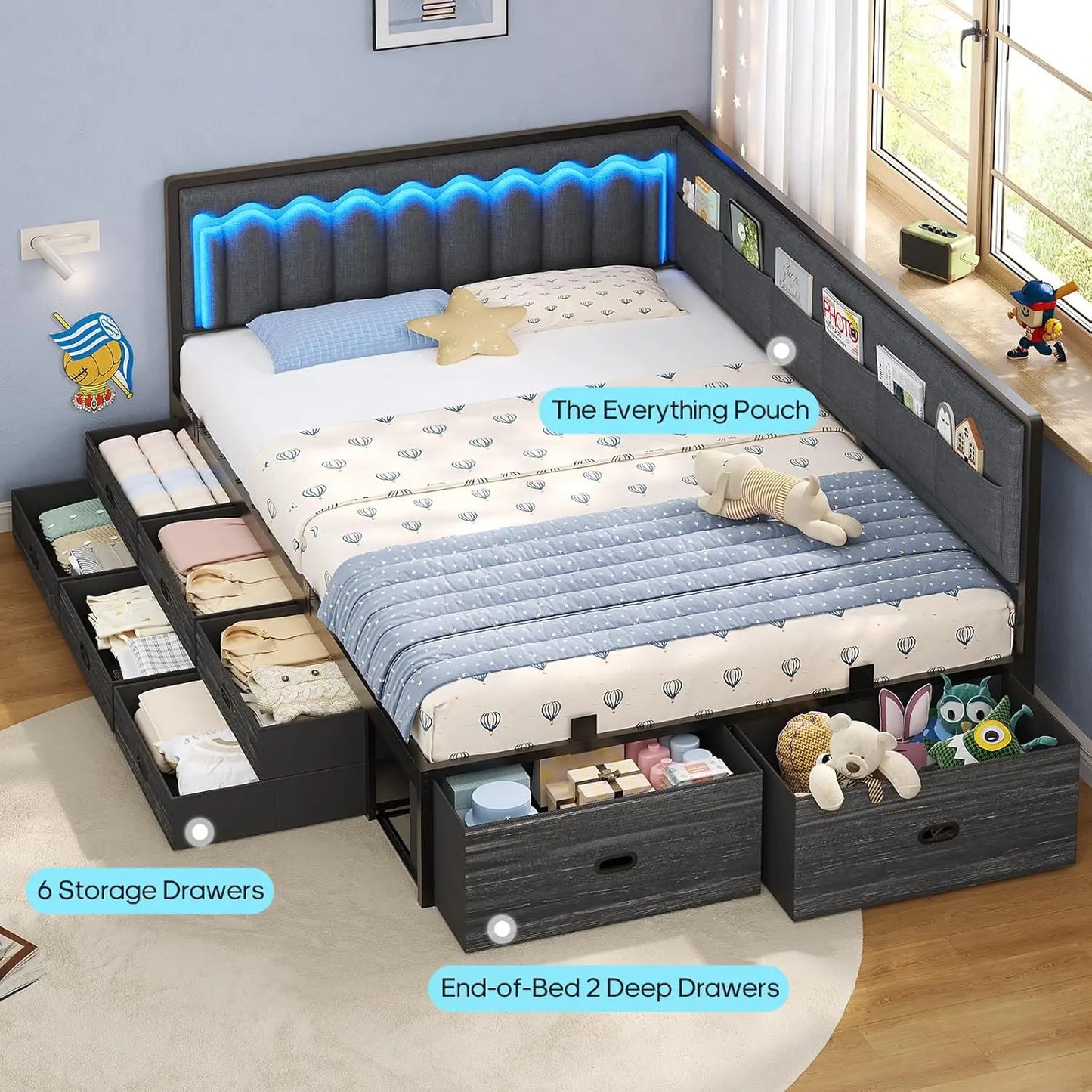 Full Corner Bed Frame with 8 Drawers, 6 Storage Pockets and RGB Wave Lights