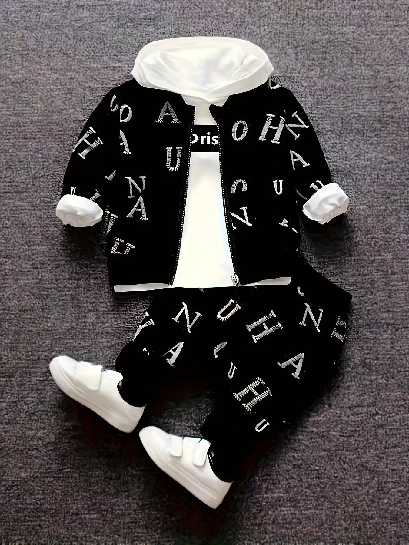 All Over Letter Jacket Hooded Sweater Three Piece Set