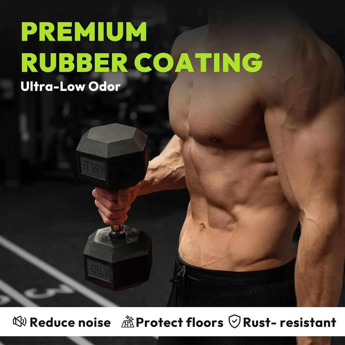 Hex Dumbbell 45lb Set (Pair of 2.5, 7.5, 12.5lb) Rubber Encased