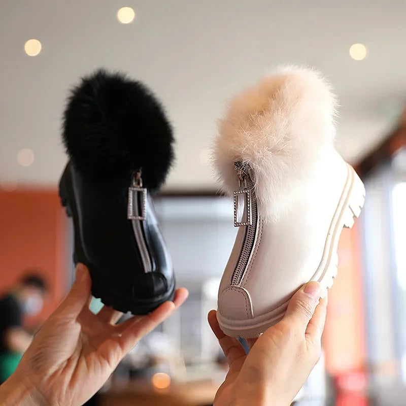 Fashion Girls Leather Zipper Plush Warm Ankle Boots