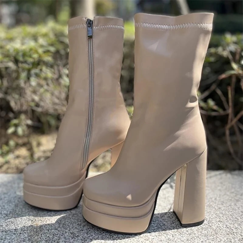 Three-Layer Waterproof Platform Square Toe Soft Mid-Boots