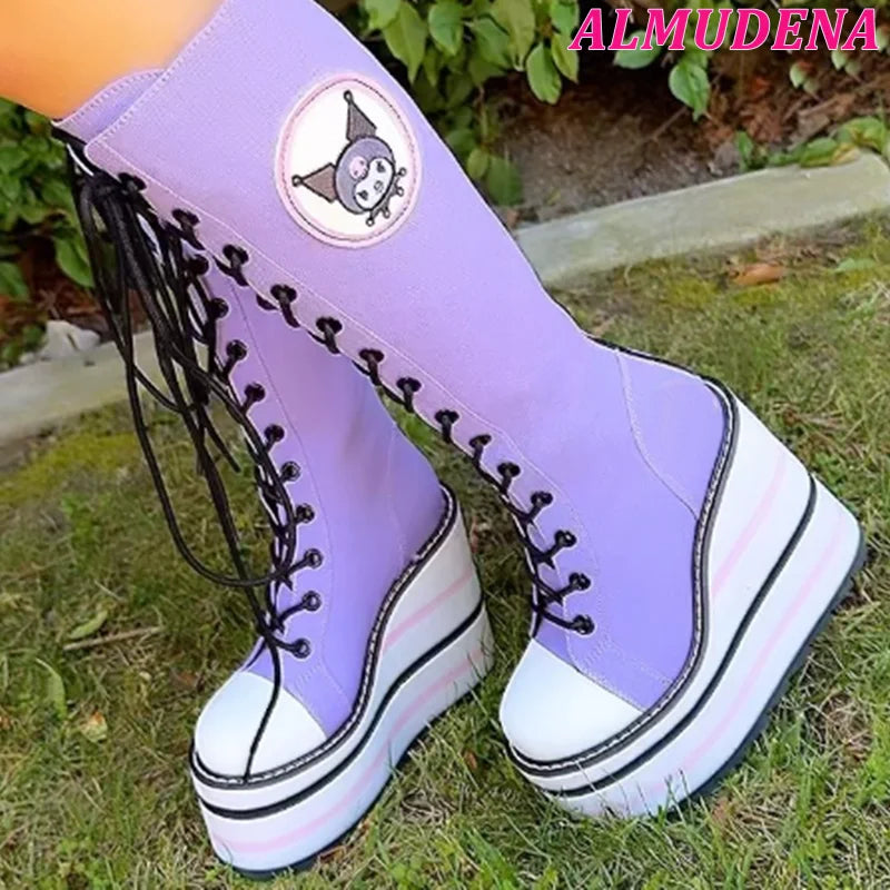 Canvas Lace up Cute Platform Knee High Boots