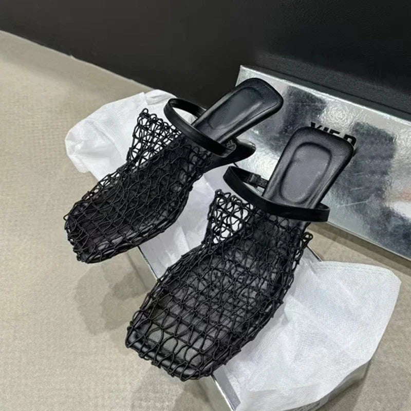 Hollow Out Mesh Square Toe Mules Slippers