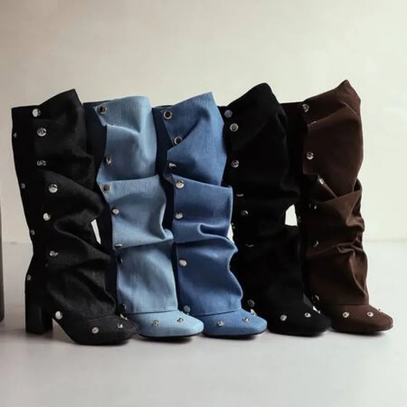 Denim Square Toe Boots 7cm Thick Heel Knee Length