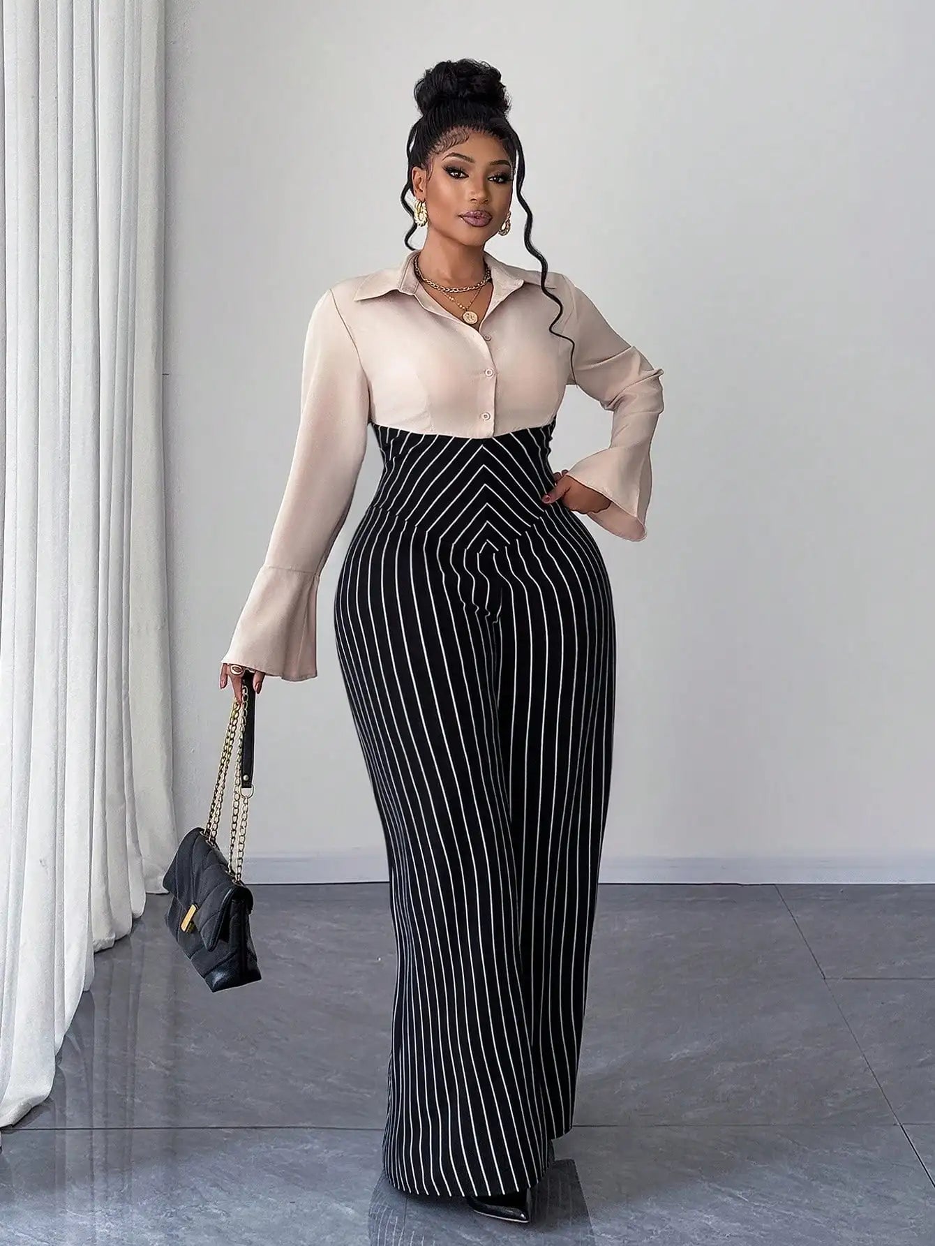 Plus Size Striped Flare Sleeve Jumpsuit