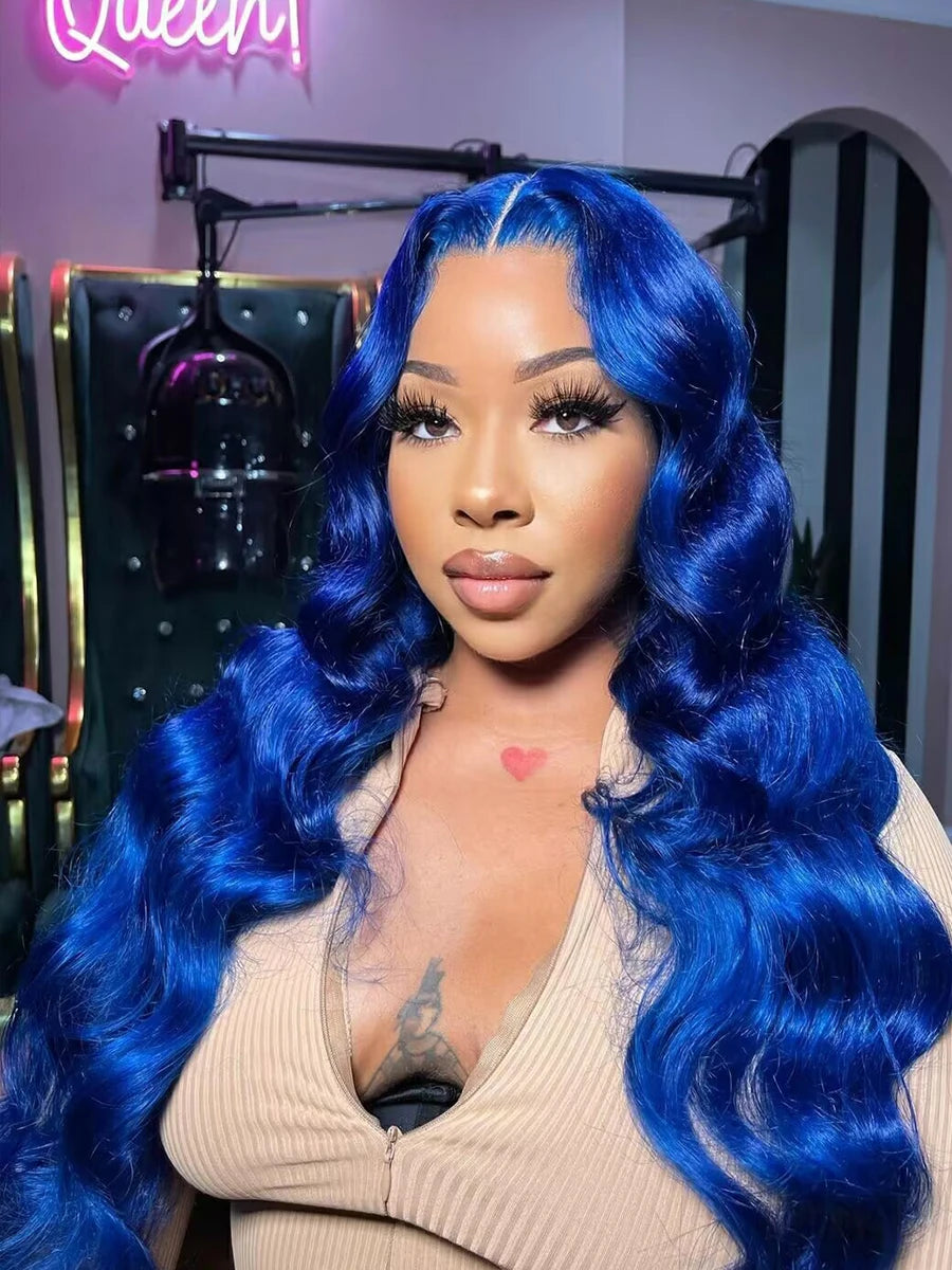 Blue 13x4 Body Wave Human Hair Brazilian Blue Colored HD Lace Front Wig