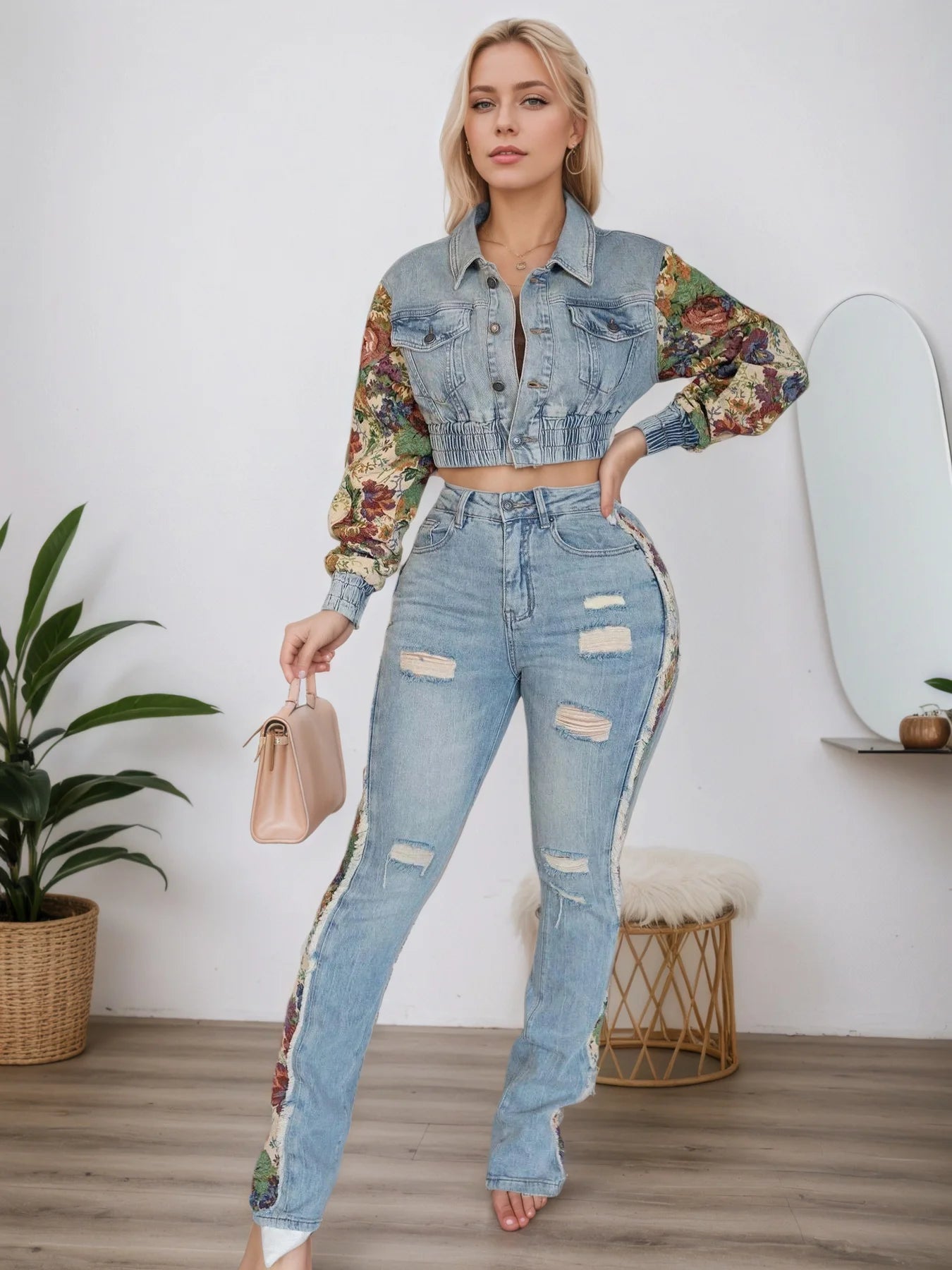 Retro Side Print Denim Two-Piece Set