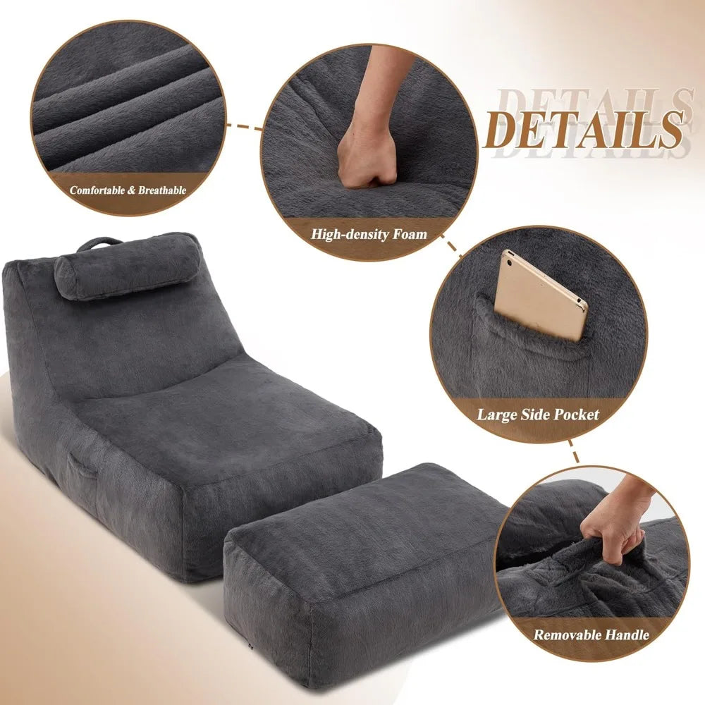 Large Lazy Beanbag Sofa with Neck Roll & Ottoman