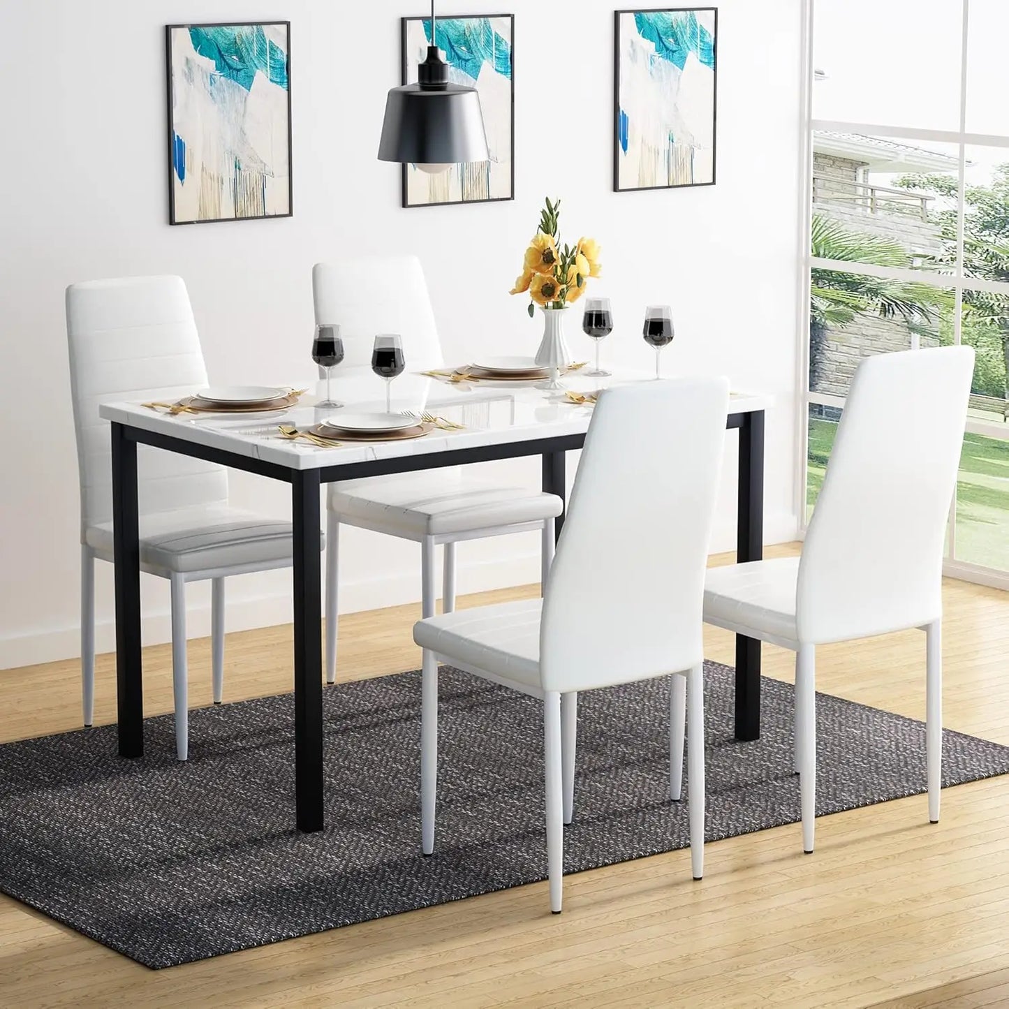 5 Piece Dining Set Faux Marble Table and 4 Faux Leather Upholstered Chairs