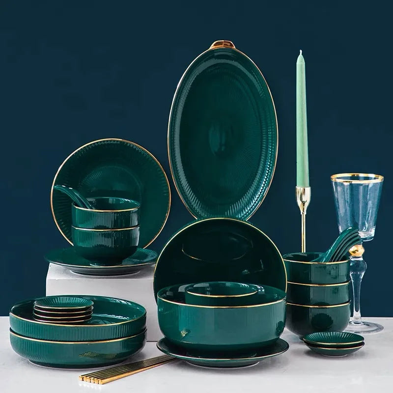 Green Porcelain Dinner Ceramic Dishes Set