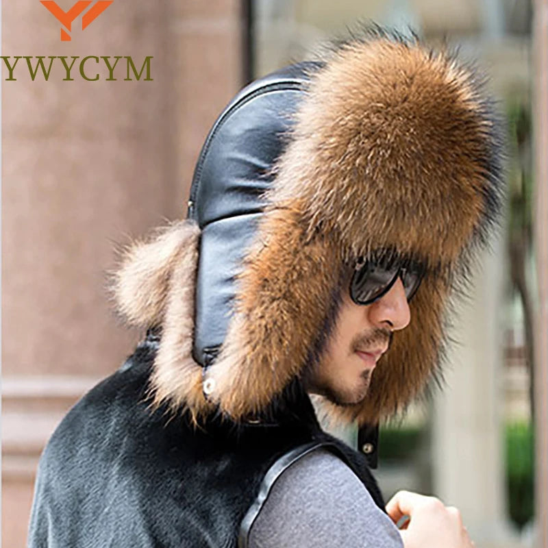 Winter Men's 100% Real Silver Fox Fur Bomber Hat