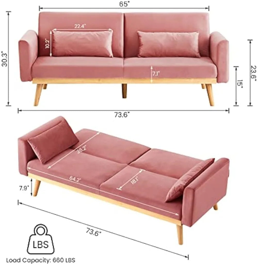Pink Velvet Futon Sofa Bed Memory Foam with Pillows