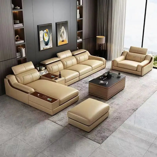Stylish Italian Genuine Leather Sofa w/Adjustable Headrests & Bluetooth Speaker