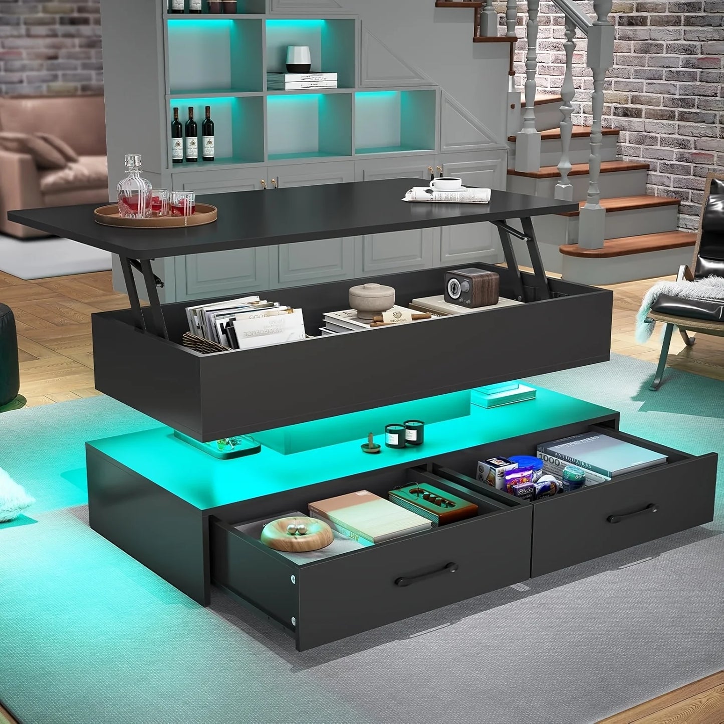 40-Inch Lift-Top Coffee Table with Two Drawers and LED Lighting