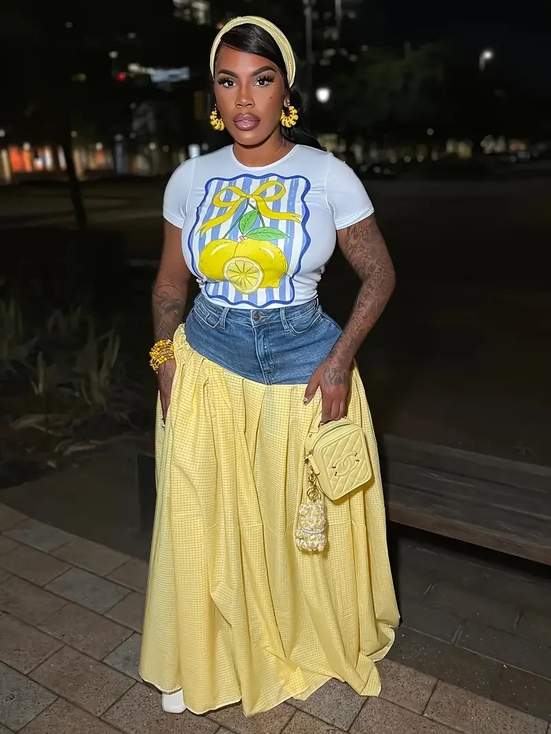 High Slit Skirt Denim Panel Trousers
