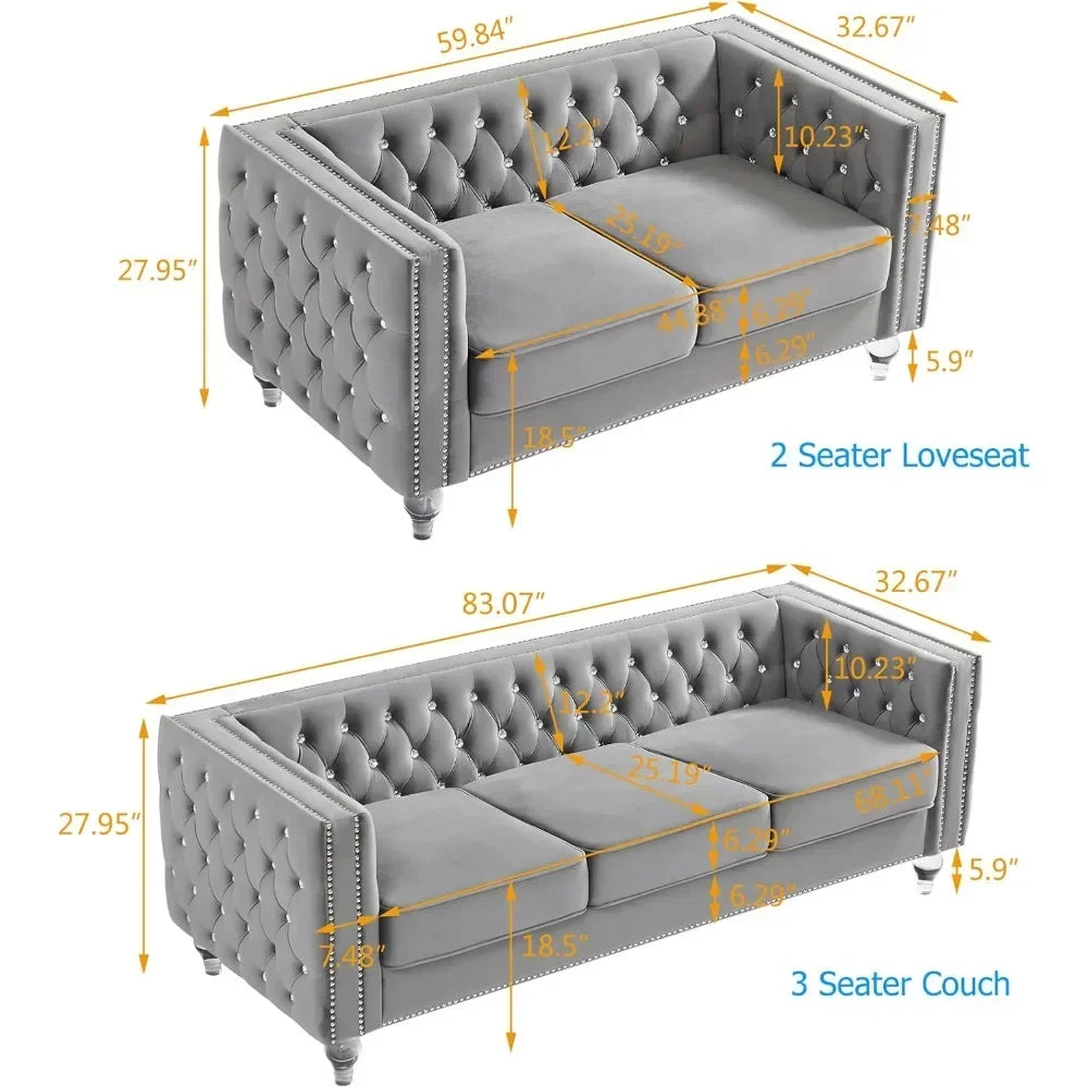 Modern Decor Furniture Tufted Sofa Set with Nailhead Acrylic Legs and 2 Pillows