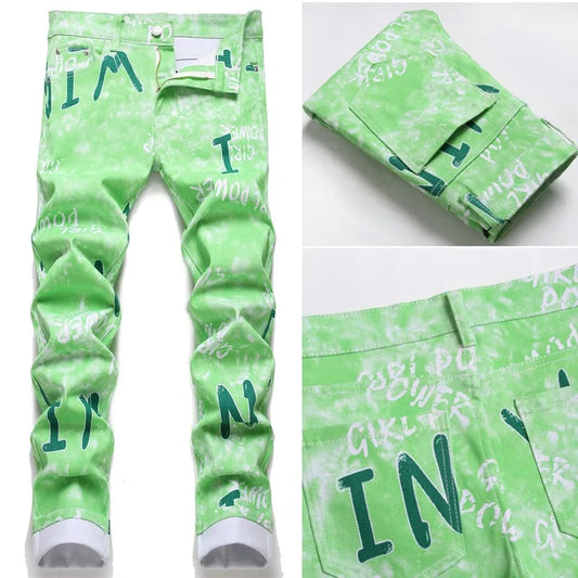 Straight Men's Denim Jeans Hip Hop Letter Printed Green Long Pants