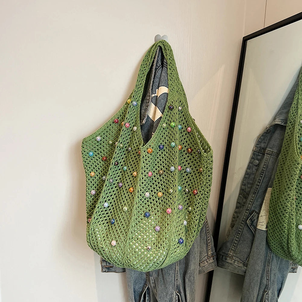Boho Crochet Bag with Colored Beads Large Capacity
