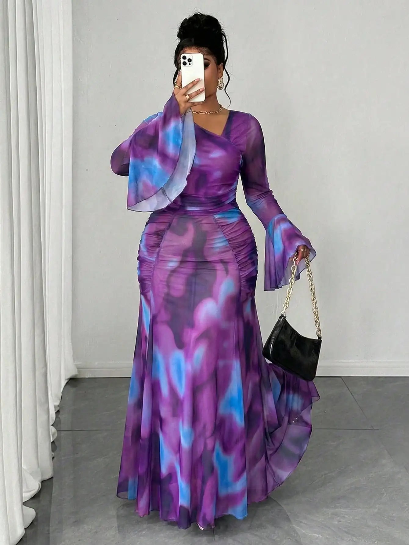 Plus Size Semi-Sheer Long Sleeve Maxi Dress